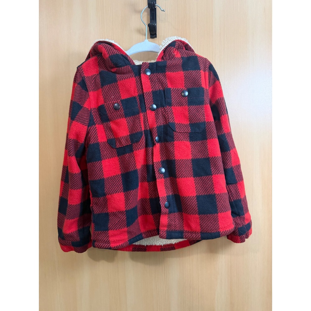 Dip Kids Red Black Buffalo Plaid Fleece Hooded Jacket Faux Shearling Lined 4T